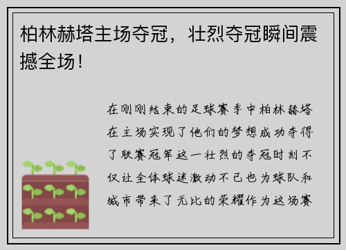 柏林赫塔主场夺冠，壮烈夺冠瞬间震撼全场！