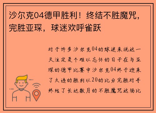 沙尔克04德甲胜利！终结不胜魔咒，完胜亚琛，球迷欢呼雀跃