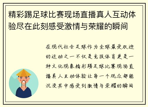 精彩踢足球比赛现场直播真人互动体验尽在此刻感受激情与荣耀的瞬间